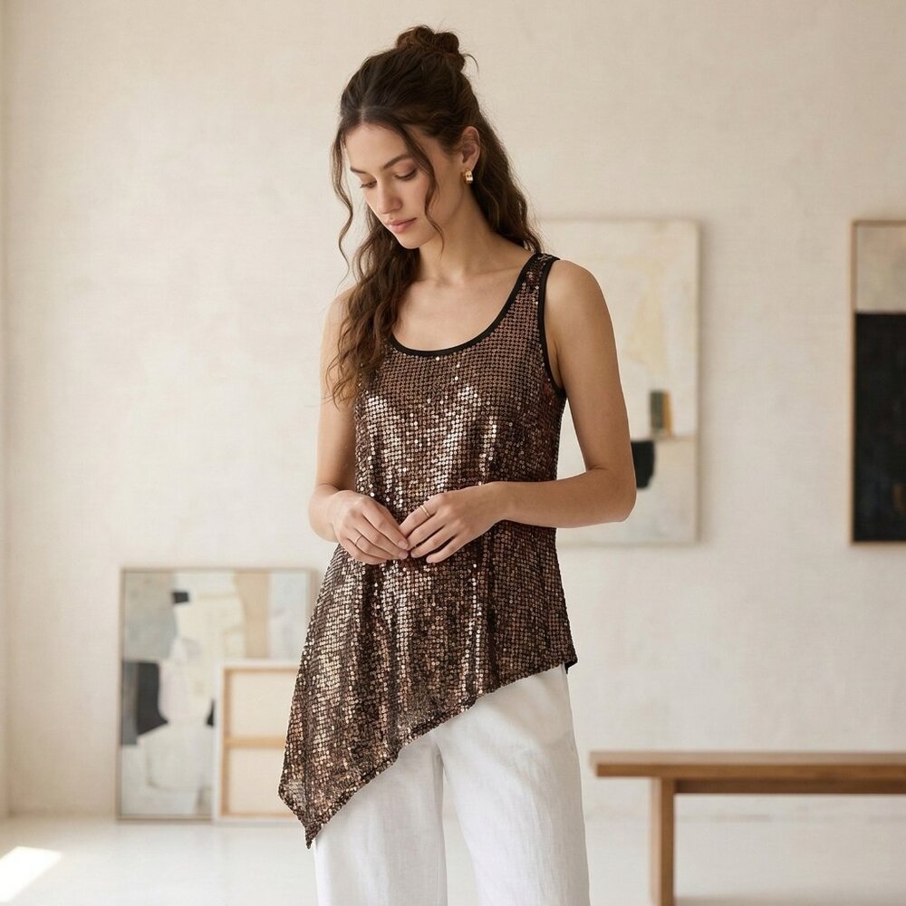 DKNY Tank Sequins Glam Indie Sleeze Grunge Party Brown M